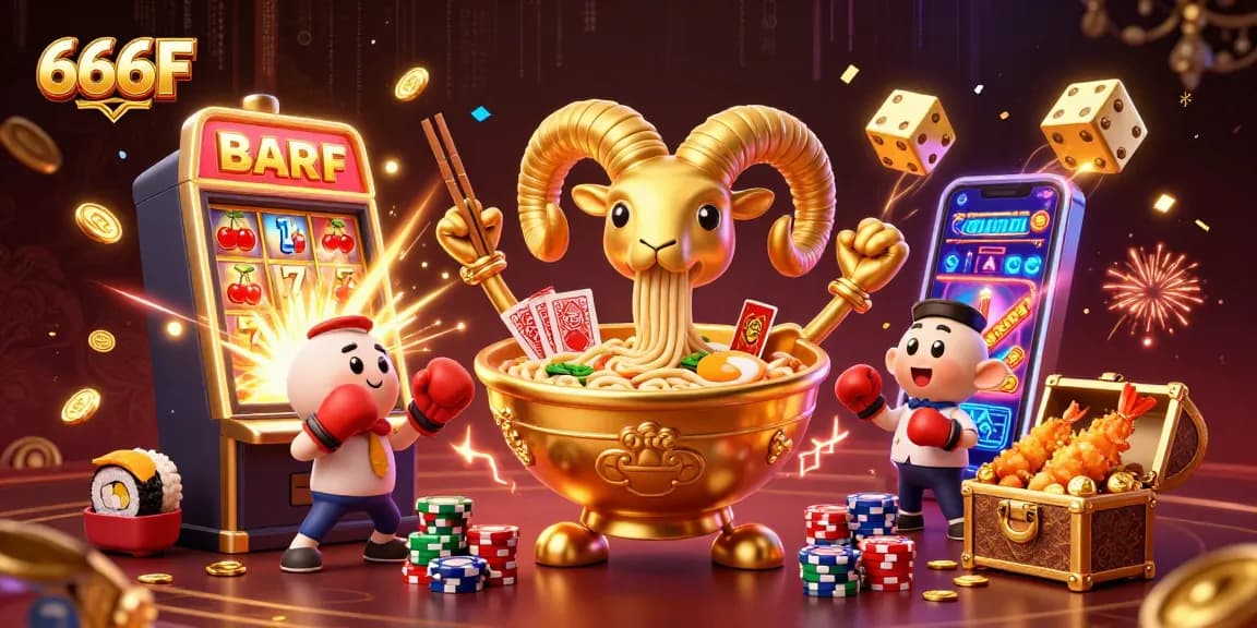 Experience dynamic gameplay at 666F with cartoon characters in a colorful casino illustration featuring slots and jackpots.