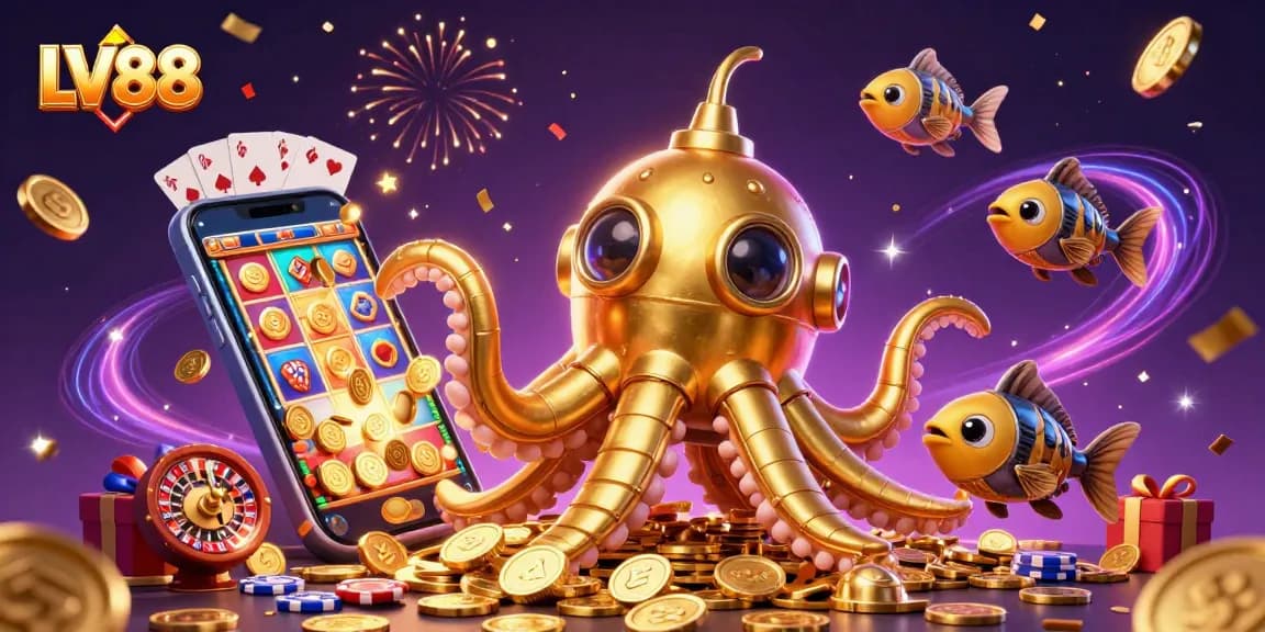 Immerse in LV88's thrilling world as a golden kraken submarine emerges through golden coins amidst vibrant casino elements.