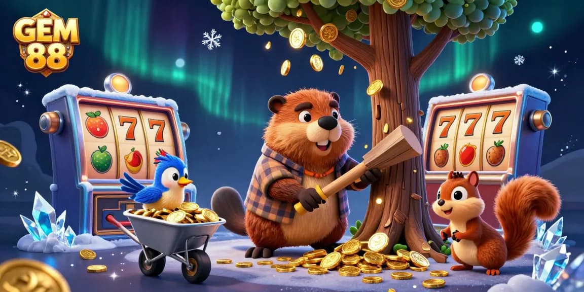Spin the reels and stack coins with GEM 88 in this vibrant casino illustration