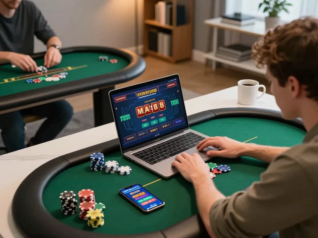 MAY88 online casino apps engage players in strategic gaming sessions, showcasing responsible gambling in a cozy home setting.