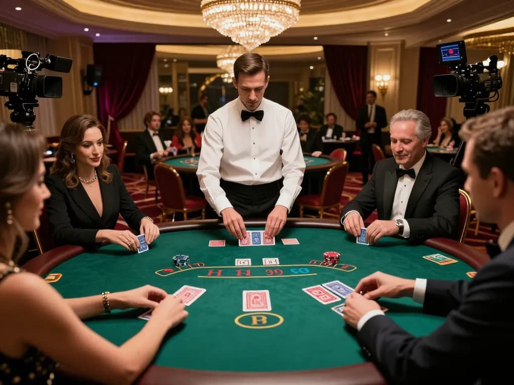 Jogadores estrategizando na mesa de blackjack do HH55 em um ambiente de cassino de alto padrão.