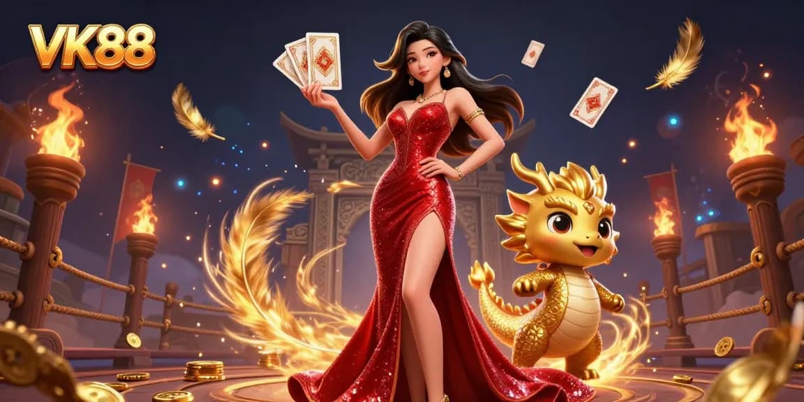 Experience thrilling gaming moments with VK88, featuring an elegant Asian woman and golden dragon in a vibrant casino scene.