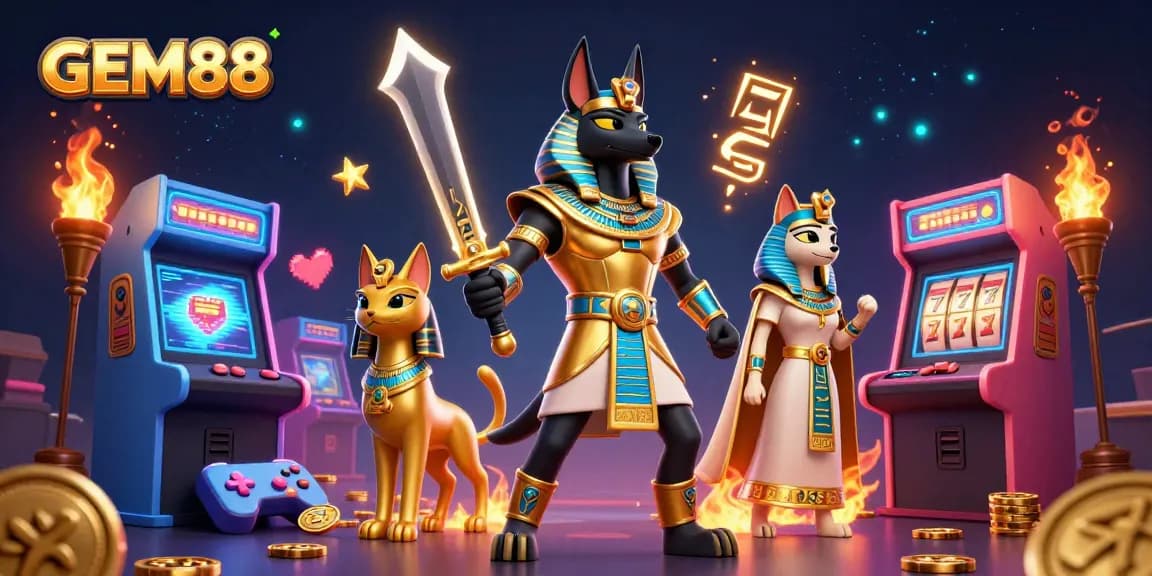 Play exciting games at GEM88, featuring Anubis and Bastet in a vibrant casino setting.