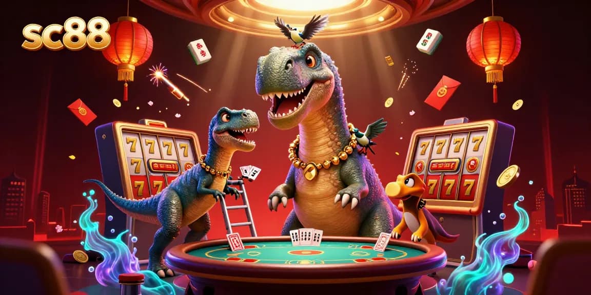 Experience thrilling gameplay at sc88 as a brontosaurus oversees an exciting casino scene filled with colorful elements.