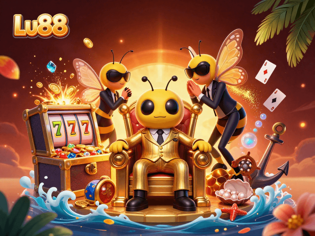 Lu88 gaming scene showcasing a bumblebee mob boss and vibrant slot elements in 3D illustration.