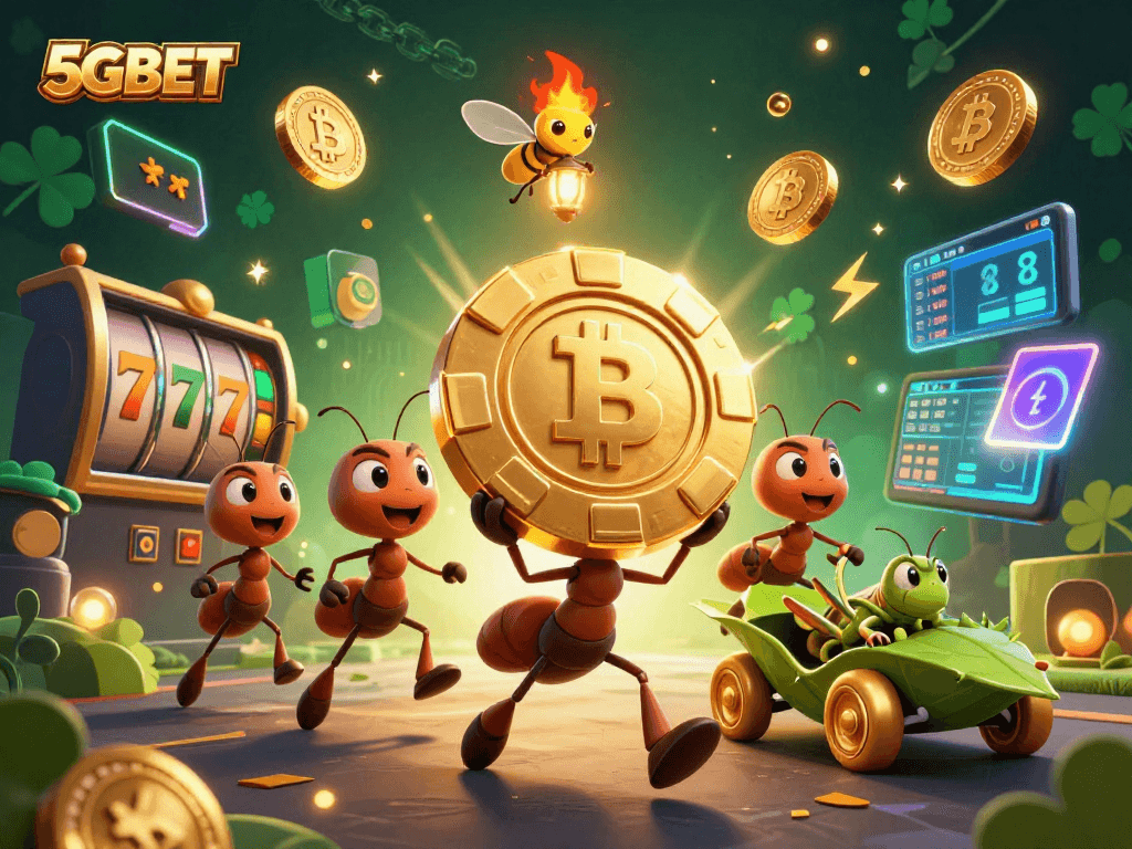 Experience the exciting 5GBET slots as animated ants carry a giant poker chip through a tunnel.