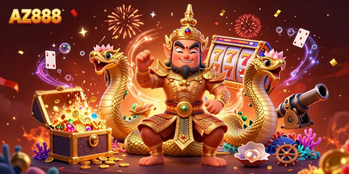 Experience the thrill of winning at AZ888 with a vibrant casino-themed 3D scene.