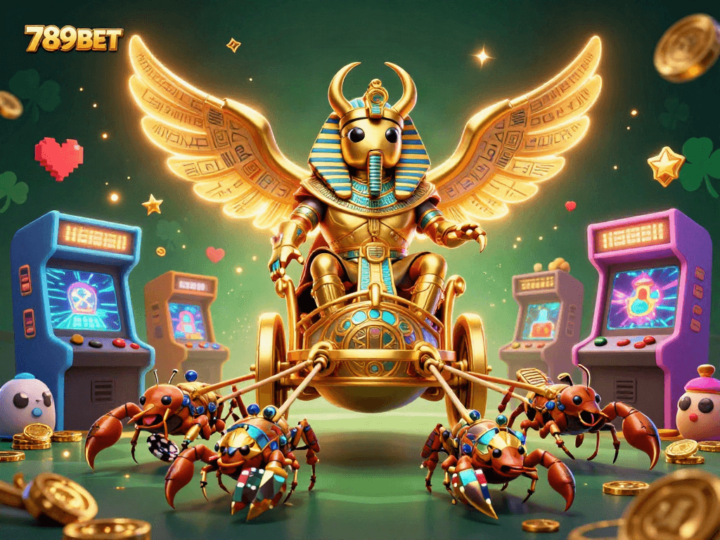 Bet big with 789BET, featuring a golden scarab beetle in a vibrant casino world.