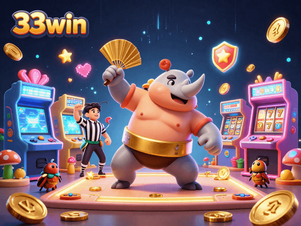 Experience the thrill of 33win with a dynamic 3D illustration showcasing exciting casino elements.