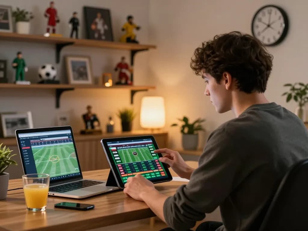 Soi kèo sports betting session with user analyzing odds on tablet at home office