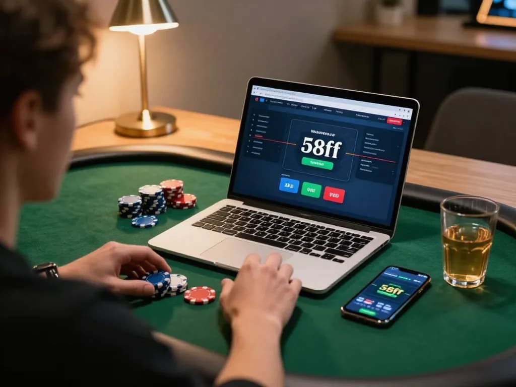 Player enjoying poker on 58ff online platform with laptop and smartphone in a cozy setup