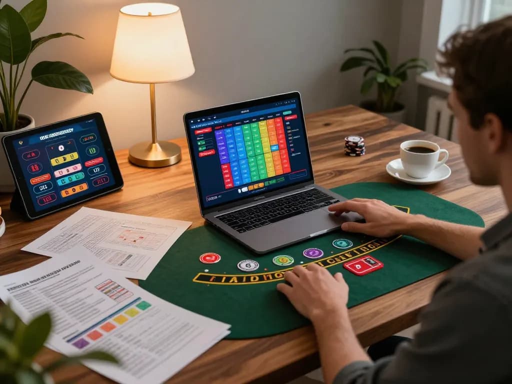 Jogador AAVIP desfrutando de um jogo de blackjack com dealer ao vivo no laptop, mostrando um jogo estratégico em casa