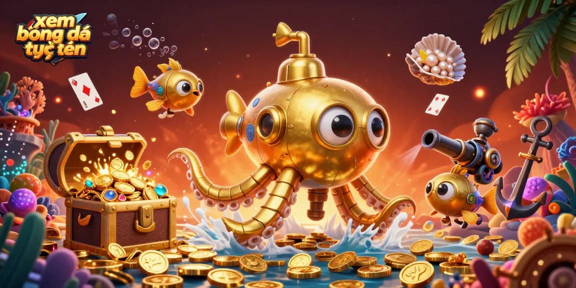 Experience xem bóng đá trực tuyến with an engaging scene of underwater treasures and lively animated characters.