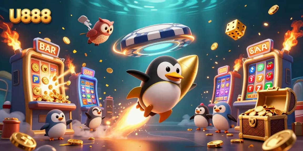 Experience the thrill of U888 with a dynamic 3D illustration of a golden penguin and casino elements.