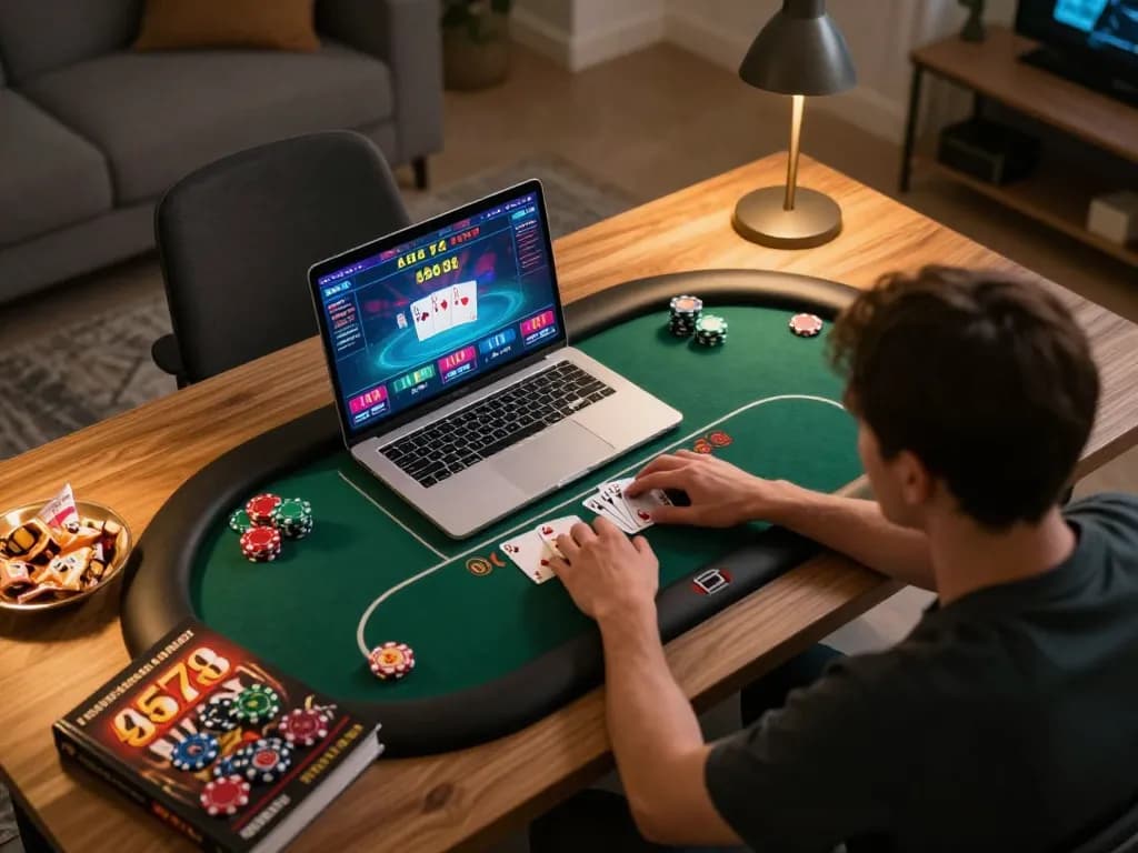 Engaging online poker scene at home featuring 45678 com game interface and strategic notes.