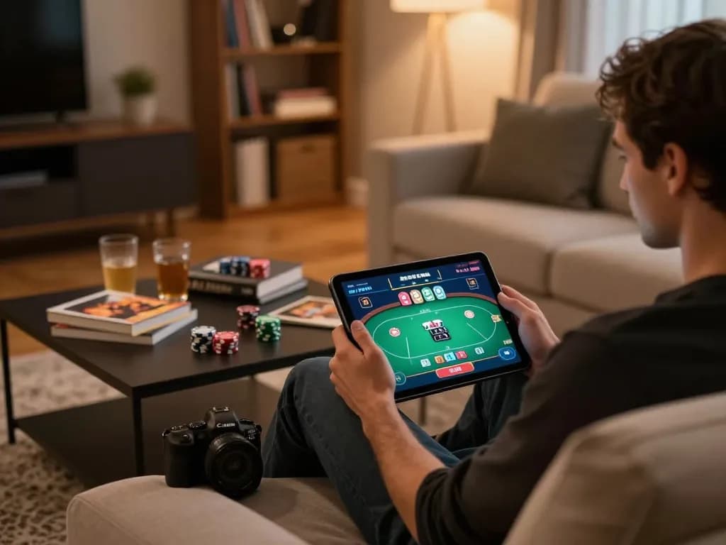 Engaged in online gaming at trang chủ lc88, an individual uses a tablet for a vibrant poker game.