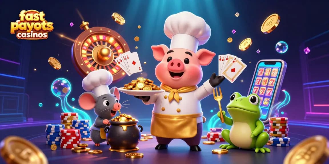 Experience the excitement of fast payouts casinos with a vibrant 3D illustration of themed characters and casino elements.
