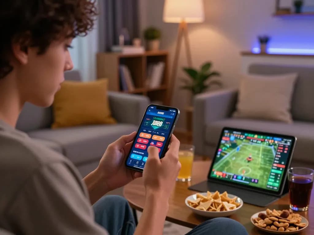 Gambler exploring betting options on Jun88 app while enjoying a cozy evening at home