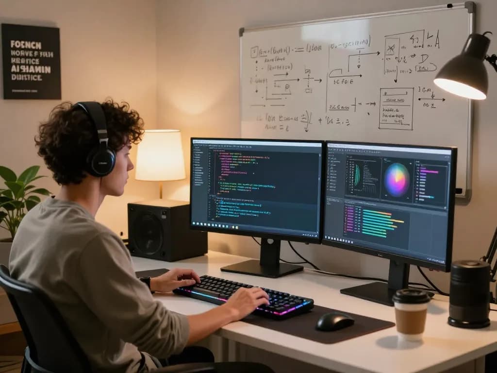 Dynamic workspace showcasing crush on ai development with coding, coffee, and tech inspiration.