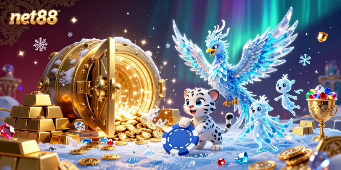 Experience net88's thrilling casino atmosphere with a dancing ice phoenix and sparkling treasures.