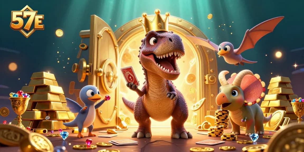 Experience thrilling games at 57E, where playful dinosaurs shuffle cards amidst gold and jewels.