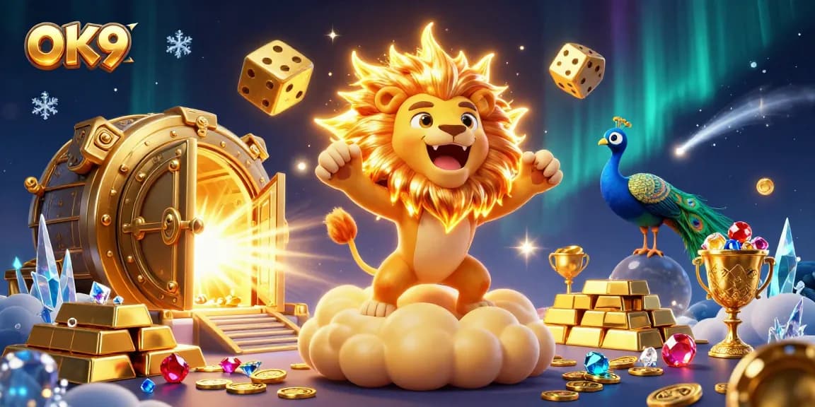 Bet on stunning visuals at OK9 with a roaring 3D cartoon sun lion and golden casino dice.