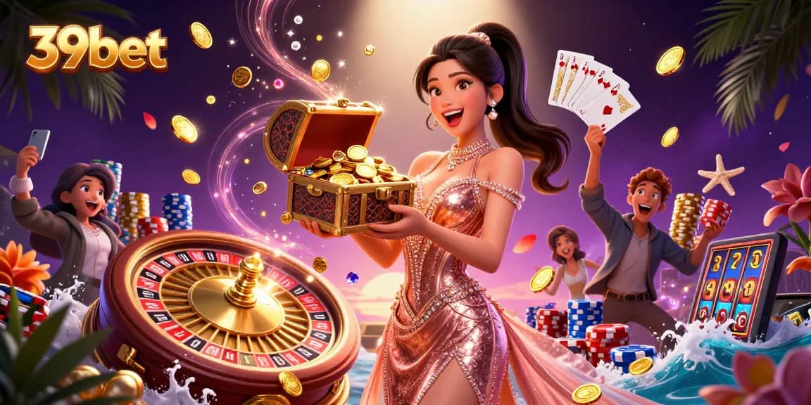 Experience the excitement of 39bet with a stunning treasure chest of wins amidst dazzling casino elements.