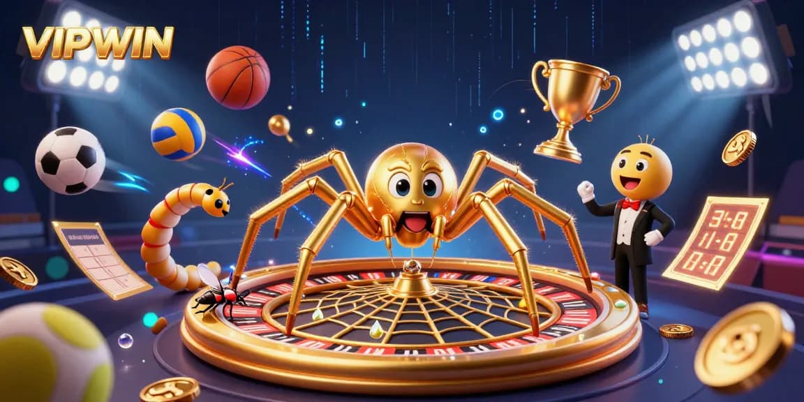 Experience thrilling bets at VIPWIN with a golden spider web roulette and a centipede croupier, amidst dynamic sports elements.