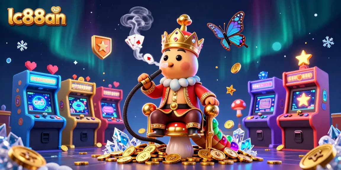Experience thrilling games at lc88an casino, featuring vibrant 3D illustrations of poker and arcade action.