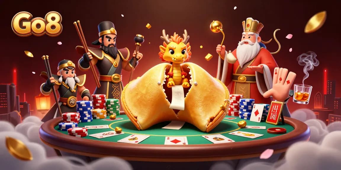 Experience the thrill of Go8 as a wise dragon reads fortunes amidst a vibrant casino scene.