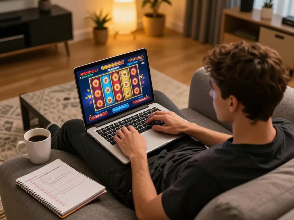 Player enjoying online gaming at home on MK8, laptop displaying spinning slot reels and betting notes.