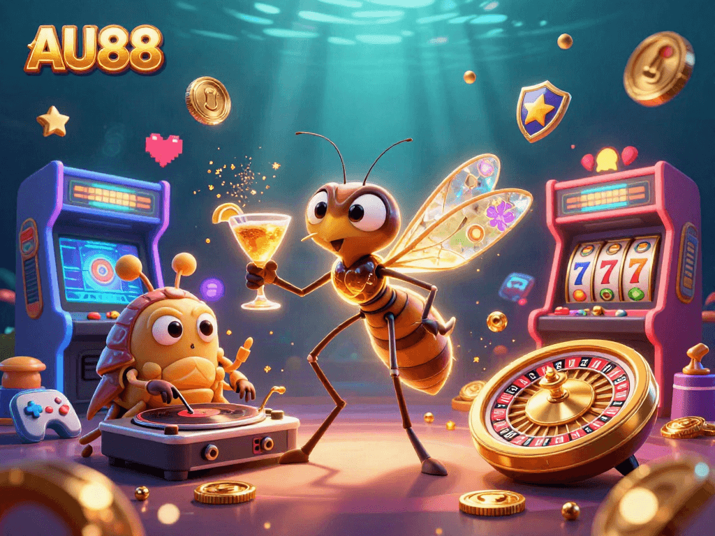 Engage in AU88 gaming adventures with a vibrant 3D casino artistry featuring a unique mascot.