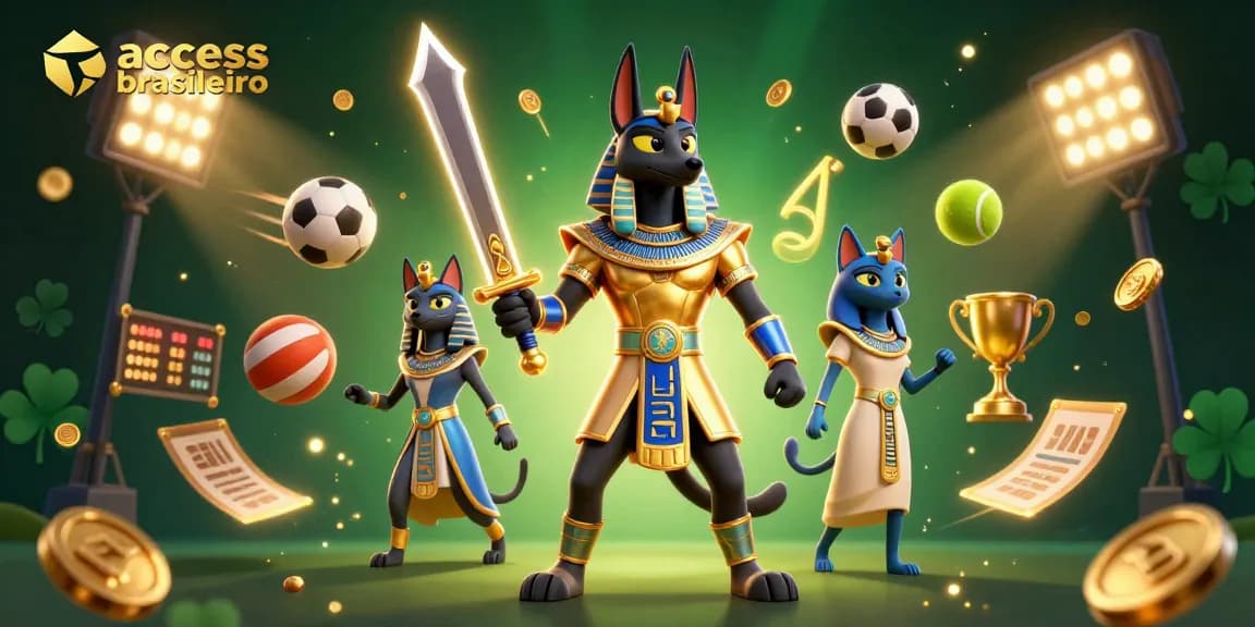 Bet on access brasileiro with a dynamic scene featuring Anubis and Bastet amidst exciting gaming elements.