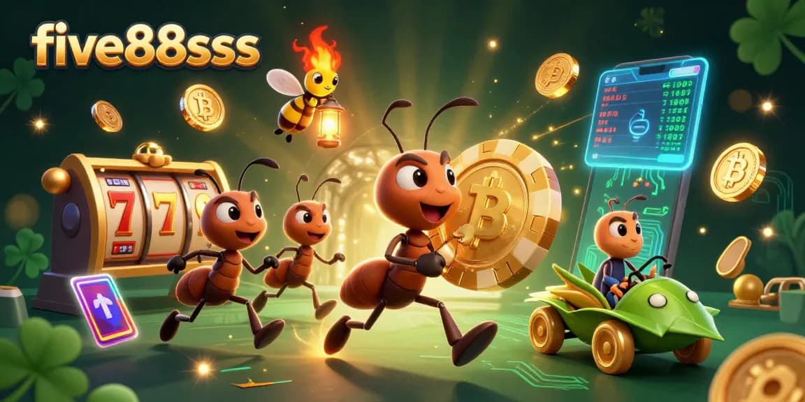 Join the thrilling five88sss casino adventure with playful cartoon ants & stunning casino elements.