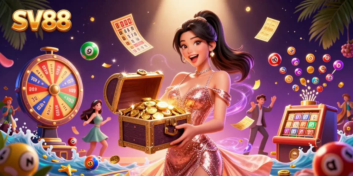 Experience SV88's thrilling gaming scene with a joyful woman and treasure trove of winnings.