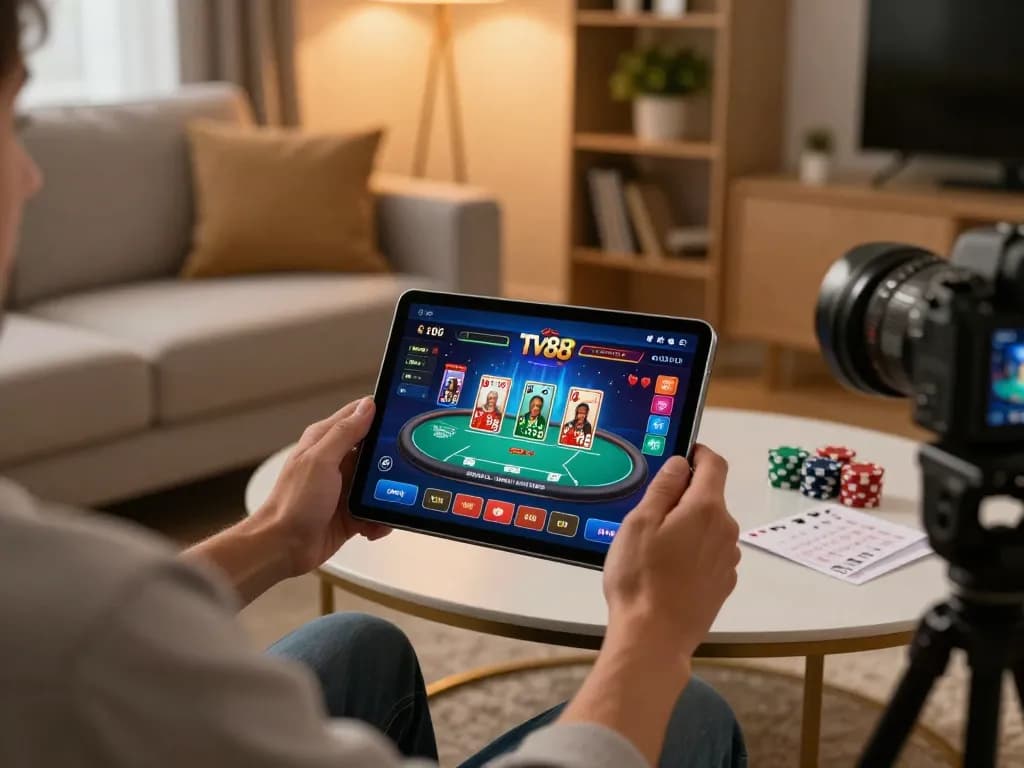 Engaged player enjoying TV88 poker game on tablet in cozy living room setting.