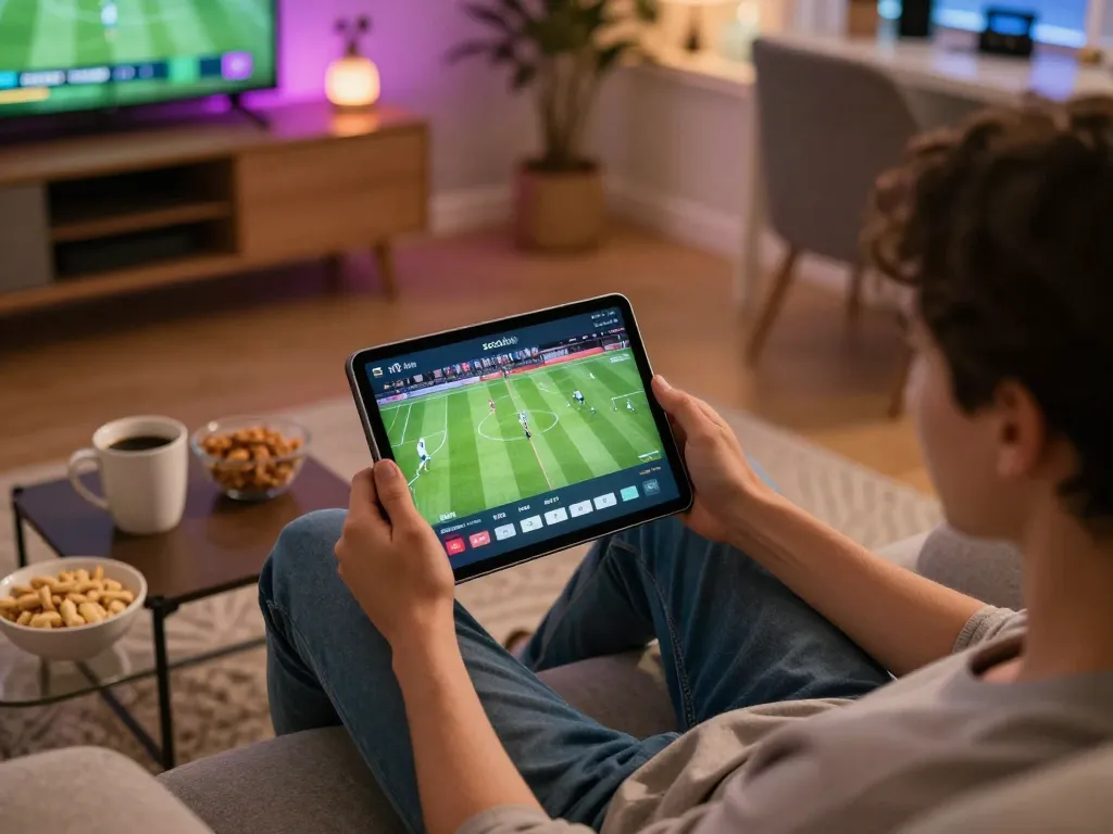 Socolive user engaging with online football streaming on tablet in cozy home setup