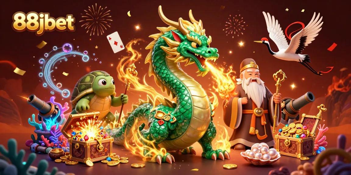 Experience 88jbet's vibrant casino adventure with a jade dragon, turtle sage, and lucky cranes.