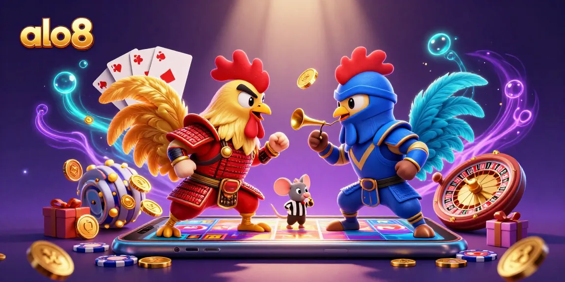 Engage with alo8 in an exciting 3D scene featuring cartoon roosters, slot games, and dynamic casino elements.