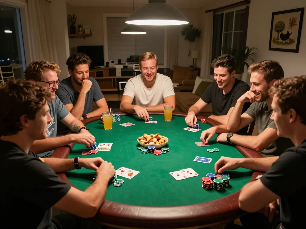 Socolive poker night excitement with friends at home, cards and chips creating a lively atmosphere.