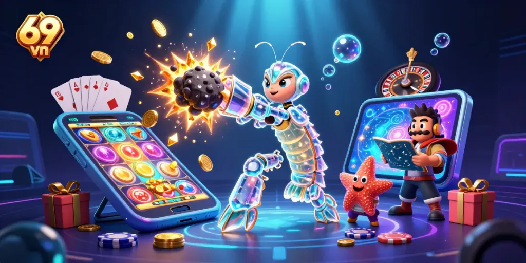 Experience the thrilling action of 69 vn with a galactic samurai shrimp and vibrant casino elements.