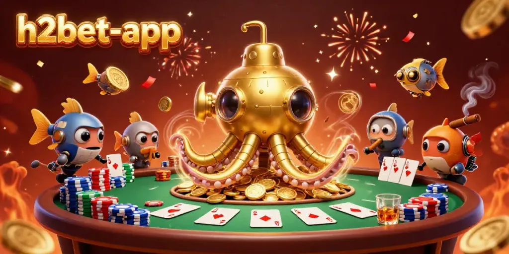 Experience exciting gameplay with h2bet-app amidst golden coins and poker cards in a vibrant casino scene.