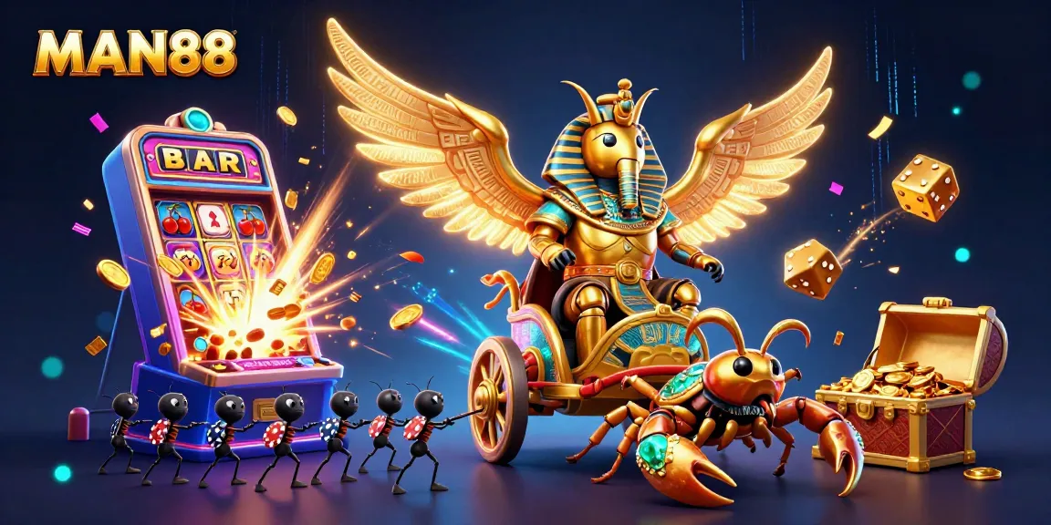 Experience winning with MAN88 as a golden beetle chariots through a dynamic casino scene.