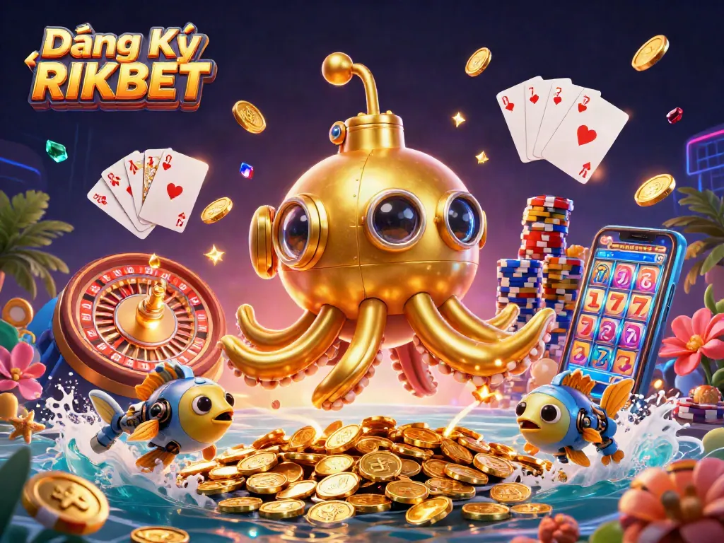 Join the excitement at Đăng Ký RIKBET with animated golden kraken submarine and dynamic casino elements.