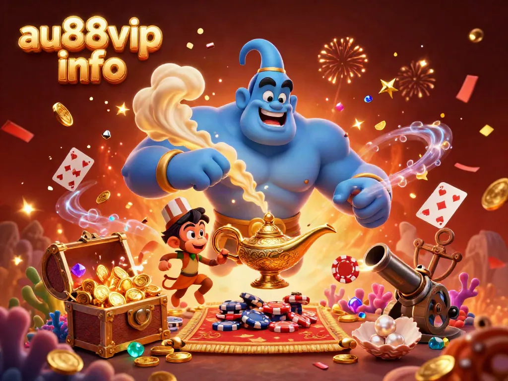 Experience vibrant wins at au88vip info with a blue genie, a monkey, and poker chips in a magical casino scene.