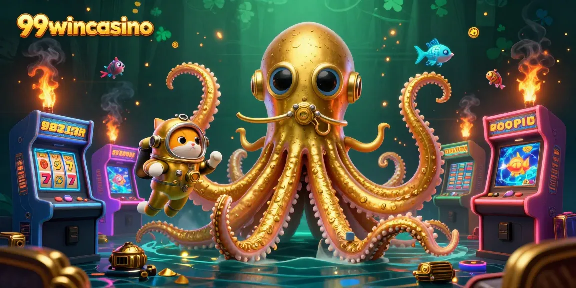 Engage with thrilling slots at 99wincasino, featuring a kraken and vintage diver amidst arcade machines.