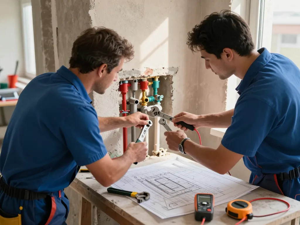 Encanador team adjusting pipes and inspecting plumbing layout at a residential site.