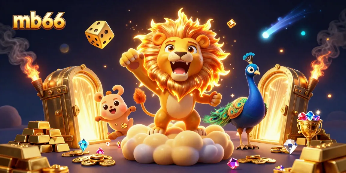 Spin the reels at mb66 with a vibrant illustration showcasing a cartoon lion and dazzling golden treasures.