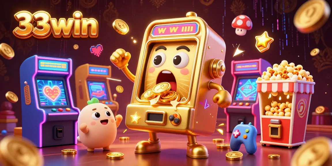 33win captures the excitement of a dynamic gaming scene with golden slot machines hitting jackpots, perfect for casino enthusiasts.