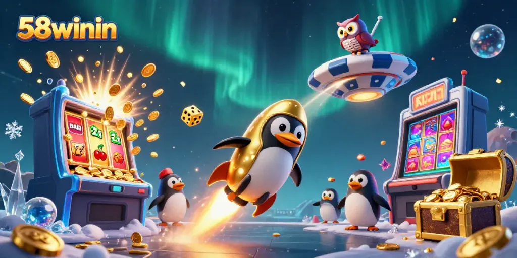 Engage with thrilling gaming action at 58winin, where a golden penguin blasts through space alongside vibrant casino elements.